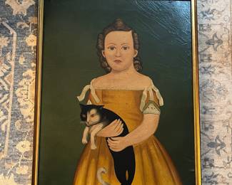 P31 - $75. Folk Art Painting on Canvas of a Girl and her Cat. Unsigned. Measures 23" x 28.5" framed. 
