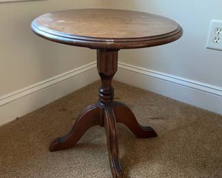 P99 - $30. Vintage Solid Wood Side Table. Sturdy! Minor surface stains. Measures 18" round x 18.5" tall. 