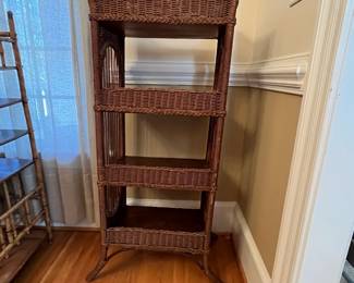 R135 - $140. Antique Wicker Bookcase, Display Shelf. Measures 19" wide x 13" deep x 38" tall. Very good condition for age. 