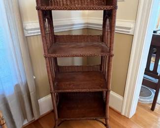 R135 - $140. Antique Wicker Bookcase, Display Shelf. Measures 19" wide x 13" deep x 38" tall. Very good condition for age. 