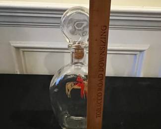 R183 - $20. Vintage Glass Decanter with Painted Derby Horse Racing Design. 