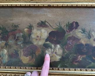 P46 - $175. Antique Oil Painting on Canvas of Pansies. Unsigned. Heavy Gold Gilt Frame in excellent antique condition. Measures 34" x 15.25".  Painting has one rip in the canvas that has been repaired with tape on the back - see photo. 