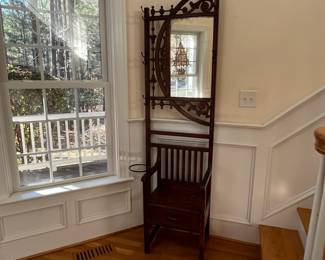 P4 - $325. Antique Edwardian/ Art Nouveau Hall Tree. Measures 23" x 14.25" deep x 81.5" tall. Sturdy but it is a dainty antique! True statement piece in what appears to be original condition. 