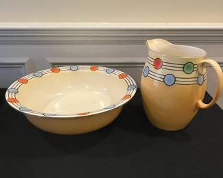 P60 - $100. Vintage Art Deco Style Wash Bowl & Pitcher Set. Bottom of the Pitcher is stamped "Persian". No issues noted beyond minor, normal crazing, some wear on the gold trim. Bowl is 15.5" wide x 5" tall. Pitcher is 10" tall. 