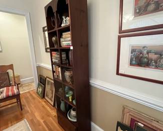 P18 - $125. 1 of 3 available. Wooden Bookcase / Display Cabinet. Single Drawer at the bottom. Measures 24.5" wide x 11" deep x 82.5" tall. Shelves are not adjustable. 