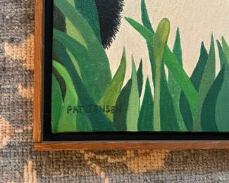 P3 - $400. "Pussy In The Blooms" Oil on Canvas by Pat Jensen (1929-2009). Measures 19" x 15". 