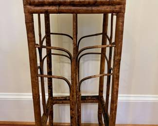 R160 - $75. Burnt Bamboo Antique Side Table/ Plant Stand. Measures 12" square x 38.25" tall. 
