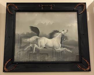 P45 - $60. Antique "Wild Horses" Print in frame with copper horse shoes & bit. 1908 J Hoover. Measures 25.75" x 21.75" framed. 