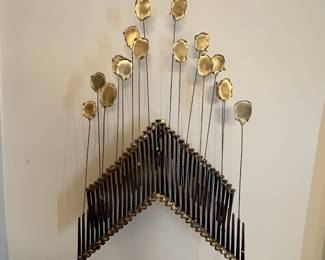 P2 - $100. Brutalist Wall Sculpture. (I believe it is a Marc Weinstein that has lost it's sticker). Individual nails welded together with moving circles on top. Measures 14" wide x 4" deep. 22" tall. 