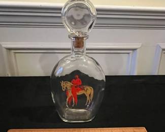 R183 - $20. Vintage Glass Decanter with Painted Derby Horse Racing Design. 