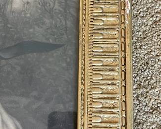 P88 - $40. Gold Gesso Frame with 3D Roses, Flowers. A couple minor spots of damage but overall good condition. Very delicate. Beautiful framed lady print included!  Measures 20.5" x 25". 