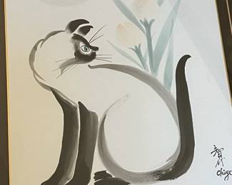 P87 - $75. Siamese Cat Original Watercolor Painting Signed "Chiyo" (Kazuko Chiyo Sasaki). Framed it Measures 18" x 22". 