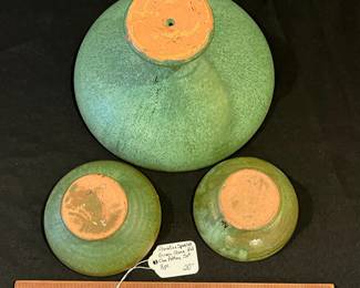 R189 - $20 for 3 Pieces. Floraline Speckled Green Glaze Red Clay Pottery. 