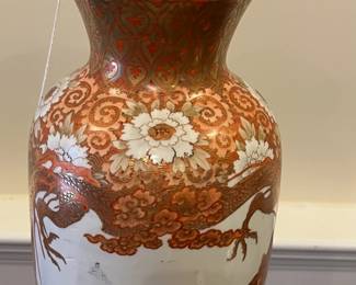 R138 - $125. Tall Asian Floor Vase. Measures 7" at the widest point x 23.5" tall. Note included in vase said - Antique Meiji Period Kutani Vase Watano. 