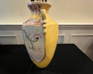 P65 - $95. Japanese Pottery Vase with Slip Trailing Moriage. Open Handles. Measures 9.5" x 16" tall. Excellent Condition. 