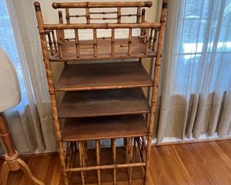 P13 - $150. Antique Stick & Ball Bamboo Etagere. Measures 20.5" wide x 17" deep x 48" tall. Does wiggle a little but beautiful character! 