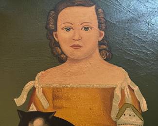 P31 - $75. Folk Art Painting on Canvas of a Girl and her Cat. Unsigned. Measures 23" x 28.5" framed. 