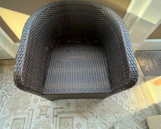 R166 - $150. 4 Piece Set. 2 Chairs & Ottoman & Square Table. Measures 26" wide x 24" deep x 26.75" floor to top of back. No cushions included. Tables are 20" square x 17.25" tall and 27.25" square x 13.25" tall. 