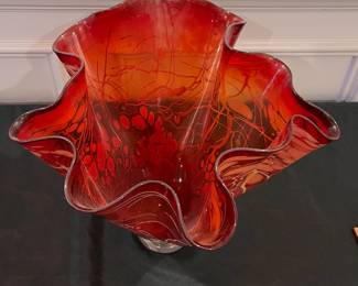 P48 - $75. P. Bendzunas Art Glass Bowl. Measures 14" at the widest x 12" tall. 
