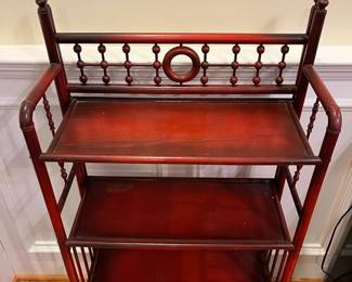 R156 - $150. Dainty Antique! Red Bamboo & Wood Etagere Bookcase.  (Sturdy and very functional but it is old and has some wiggles) Measures 23.5" wide x 9.75" deep x 47" tall. 