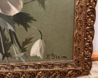 P20 - $100. Antique Floral Still-Life Stretched Canvas Painting Signed E. Gleim (back says Stephanie Gleim) Measures 15.75" x 26" in Beautiful Antique Wooden Frame. Canvas has a couple places where paint is scratched. 