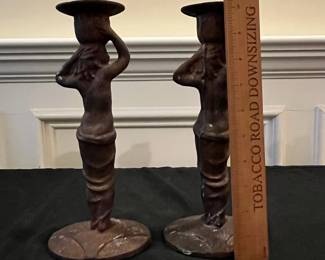 P58 - $45. PAIR of Cast Iron Figural Candlesticks. Measures 10" tall. 