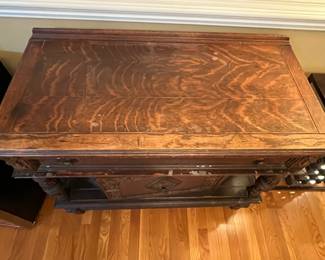 R154 - $125. Small Buffet / Liquor Cabinet by JB Van Sciver Co. Camden NJ. Solid Wood. Measures 40.5" x 19.5" x 36" tall. A cleaner spilled down the front and discolored a few places. Perfectly functional as it is or a great project piece! Drawer slides easily and door opens for storage. 