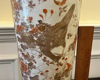 R138 - $125. Tall Asian Floor Vase. Measures 7" at the widest point x 23.5" tall. Note included in vase said - Antique Meiji Period Kutani Vase Watano. 