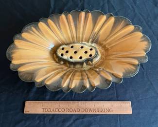 P96 - $150. Fulper Pottery Centerpiece Dish with Removeable Flower Frog. Cats Eye Flame Glaze. Excellent Condition! Measures 16" long x 10" wide x 3.5" tall. 