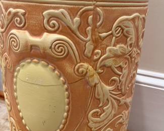 R136 - $40. Pottery Umbrella Stand. Has significant repair. See photos. (Weller or Robinson) 