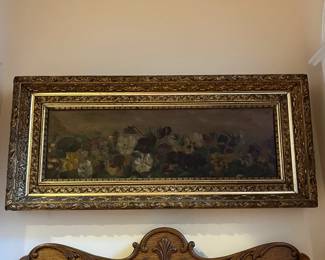 P46 - $175. Antique Oil Painting on Canvas of Pansies. Unsigned. Heavy Gold Gilt Frame in excellent antique condition. Measures 34" x 15.25".  Painting has one rip in the canvas that has been repaired with tape on the back - see photo. 