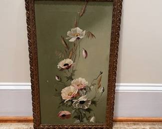 P20 - $100. Antique Floral Still-Life Stretched Canvas Painting Signed E. Gleim (back says Stephanie Gleim) Measures 15.75" x 26" in Beautiful Antique Wooden Frame. Canvas has a couple places where paint is scratched. 
