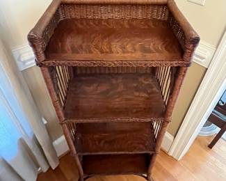 R135 - $140. Antique Wicker Bookcase, Display Shelf. Measures 19" wide x 13" deep x 38" tall. Very good condition for age. 