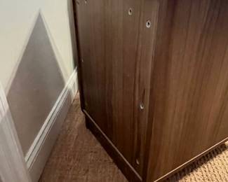 P81 - $100 PAIR of Nightstands. Single Drawers. Particle Board with wood look veneer. Very sturdy! Drawers slide easily. Each measures 19.5" x 20" deep x 24.5" tall. 