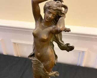 P64 - $125. Antique La Vague Par Moreau Lady Statue with Wooden Base painted with marbled look. Plaque on the bottom reads - "La Vague Par Hip. Moreau". Measures 20" tall. (I believe it is Spelter with bronze paint)