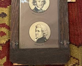 P39 - $40. Framed Photos of Classical Music Composers Bach, Beethoven, Schubert, Wagner, Mendelssohn, Mozart. Embellished Wooden Frame Measures 7.75" wide x 29.75" tall. 
