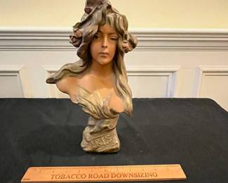 P56 - $55. Art Nouveau Style Chalkware Bust of "Iris". Measures 13" tall. Minor chips, missing paint but overall great condition for it's age!