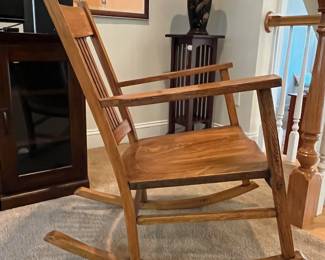 R105 - $60. Wooden Rocking Chair. Very deep seat. Measures 26" wide x 24" deep x 33" tall. Floor to Seat is 14". 
