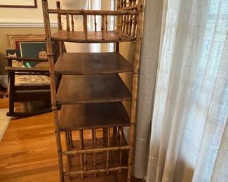 P13 - $150. Antique Stick & Ball Bamboo Etagere. Measures 20.5" wide x 17" deep x 48" tall. Does wiggle a little but beautiful character! 