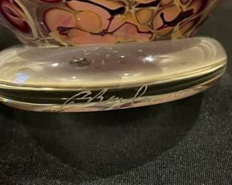 P48 - $75. P. Bendzunas Art Glass Bowl. Measures 14" at the widest x 12" tall. 