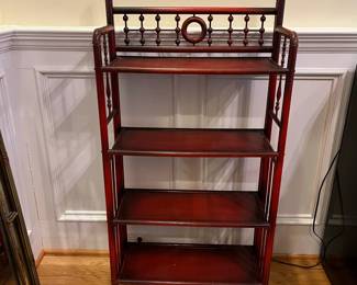 R156 - $150. Dainty Antique! Red Bamboo & Wood Etagere Bookcase.  (Sturdy and very functional but it is old and has some wiggles) Measures 23.5" wide x 9.75" deep x 47" tall. 