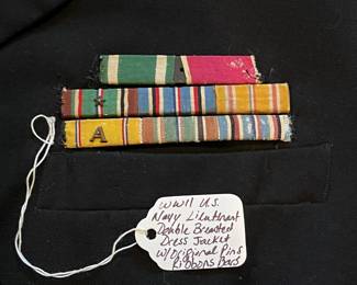 R262 - $60. WWII US Navy Lieutenant Double Breasted Dress Jacket with Original Pins, Ribbons & Bars. Harry Sadow New York