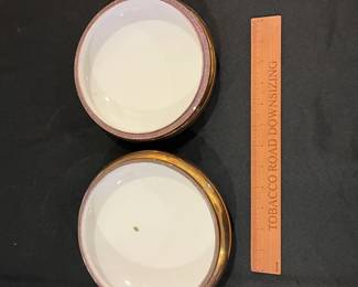 P70 - $50. Art Nouveau Bonboniere (candy dish / covered bowl) by T&V Limoges France. Measures 8" across x 4" tall. A couple minor chips and wear on the paint on the top but no major cracks or issues. 