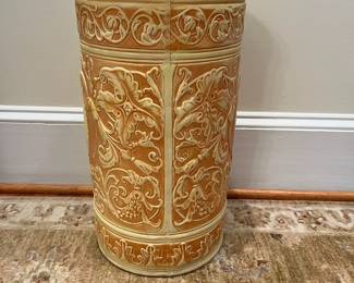 R136 - $40. Pottery Umbrella Stand. Has significant repair. See photos. (Weller or Robinson) 