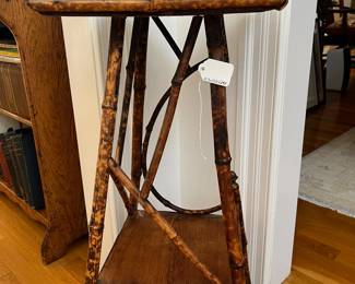 P12 - $125. Antique Art Nouveau Burnt Bamboo Side Table or Nightstand. Measures 12.5" wide square x 29" tall. 