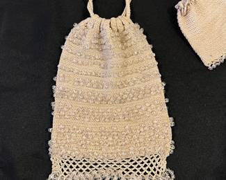R142 - $30. Antique Off White Purse with clear beads attached. Appears to be fine crochet purse with small change bag attached. Excellent Condition. 
