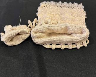R142 - $30. Antique Off White Purse with clear beads attached. Appears to be fine crochet purse with small change bag attached. Excellent Condition. 