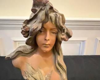 P56 - $55. Art Nouveau Style Chalkware Bust of "Iris". Measures 13" tall. Minor chips, missing paint but overall great condition for it's age!