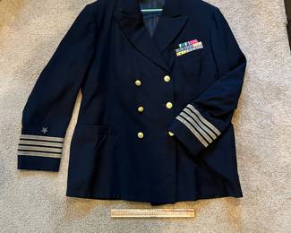 R262 - $60. WWII US Navy Lieutenant Double Breasted Dress Jacket with Original Pins, Ribbons & Bars. Harry Sadow New York
