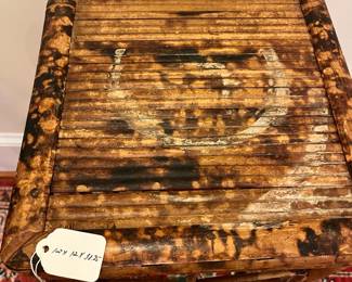 R160 - $75. Burnt Bamboo Antique Side Table/ Plant Stand. Measures 12" square x 38.25" tall. 
